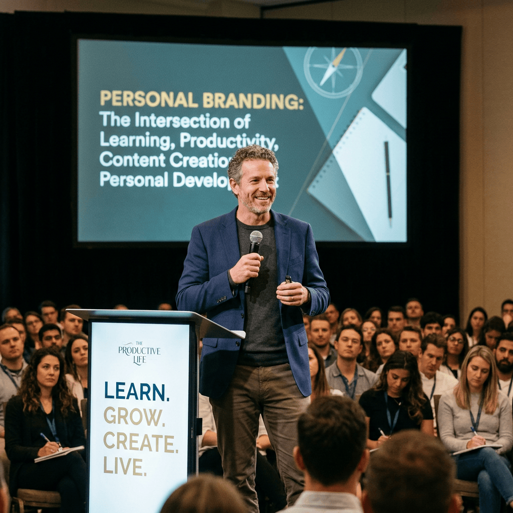 Speaker presenting PERSONAL BRANDING: The Intersection of Learning, Productivity, Content Creation, Personal Development; podium reads THE PRODUCTIVE LIFE, LEARN. GROW. CREATE. LIVE.
