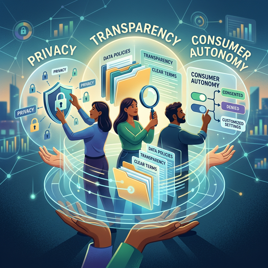 Three people illustrating privacy, transparency, and consumer autonomy with data policies and consent controls