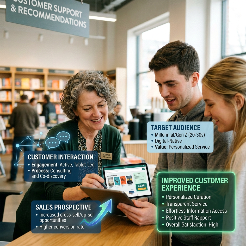 Librarian and two customers reviewing a tablet; text reads Customer Support & Recommendations, Customer Interaction, Target Audience, Sales Prospective, and Improved Customer Experience.